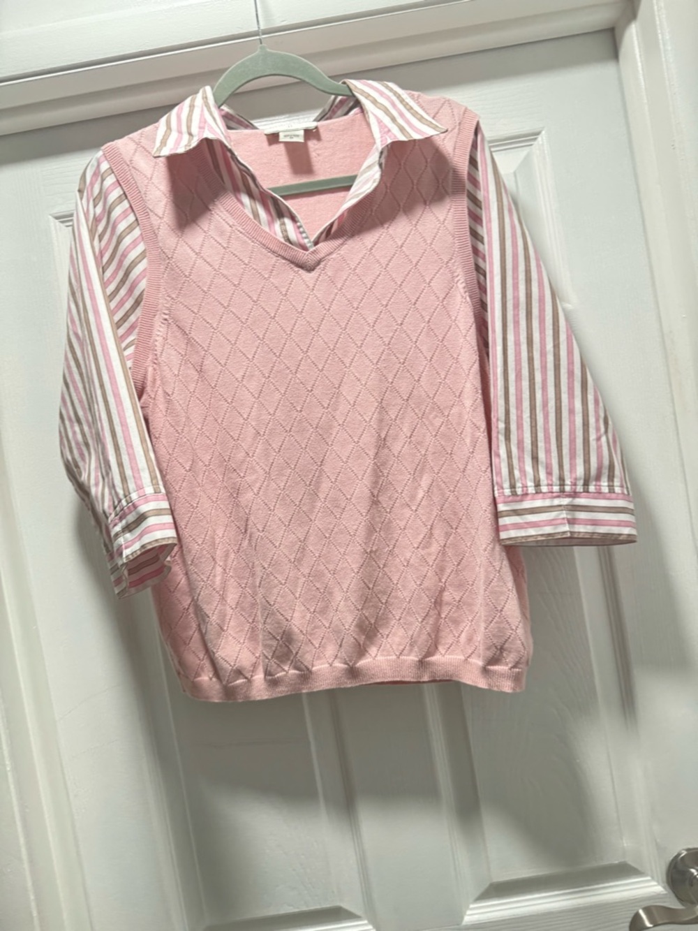 Allison Daley Pink Layered-Look Sweater Top with Striped Shirt Collar